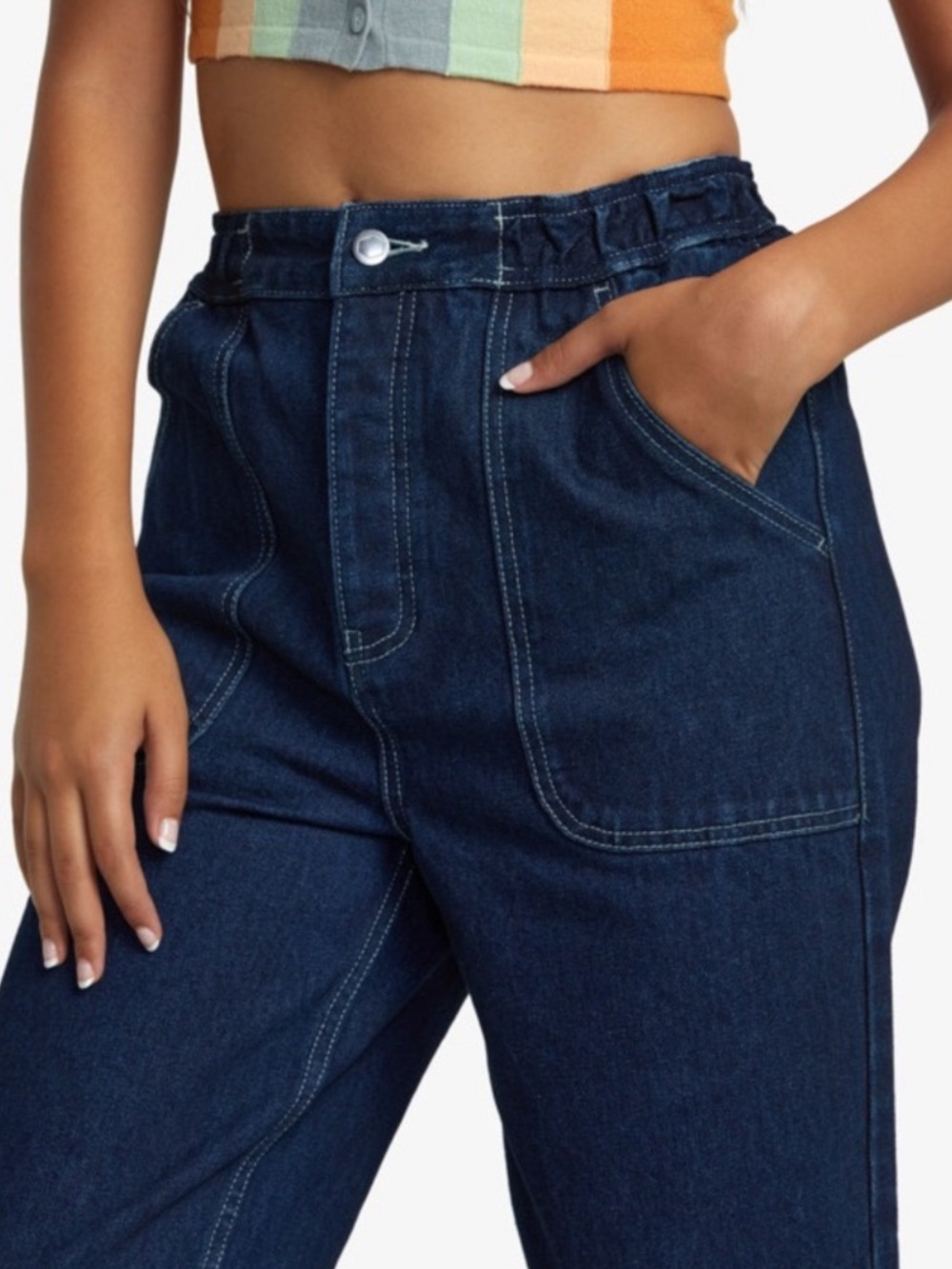 RVCA Women’s Paper Bag Jeans Button Fly Contrast Stitch Barrel New Small Blue